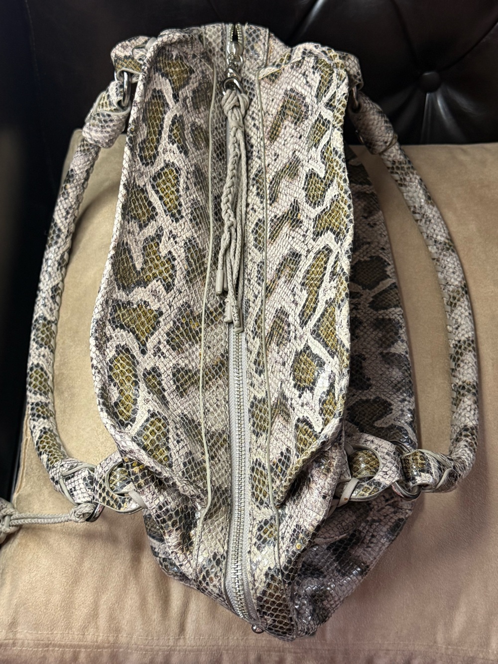 COLE HAAN Genuine Leather Python Print Embossed Beige/Gray Hobo Shoulderbag - Picture 4 of 17